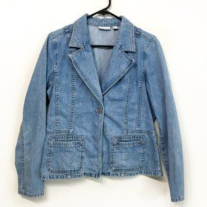 Halogen women's vintage fitted denim jean jacket, size large.